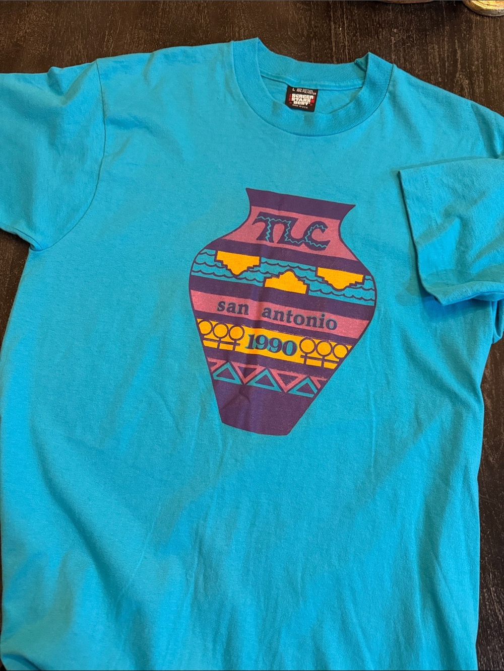 Vintage-Style Turquoise TLC San Antonio 1990 Graphic Tee, single stitch